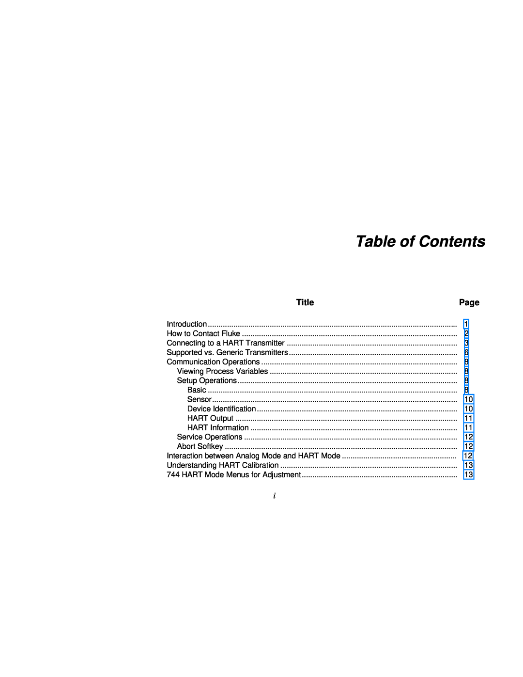 Fluke 744 manual Table of Contents, Title, Page 