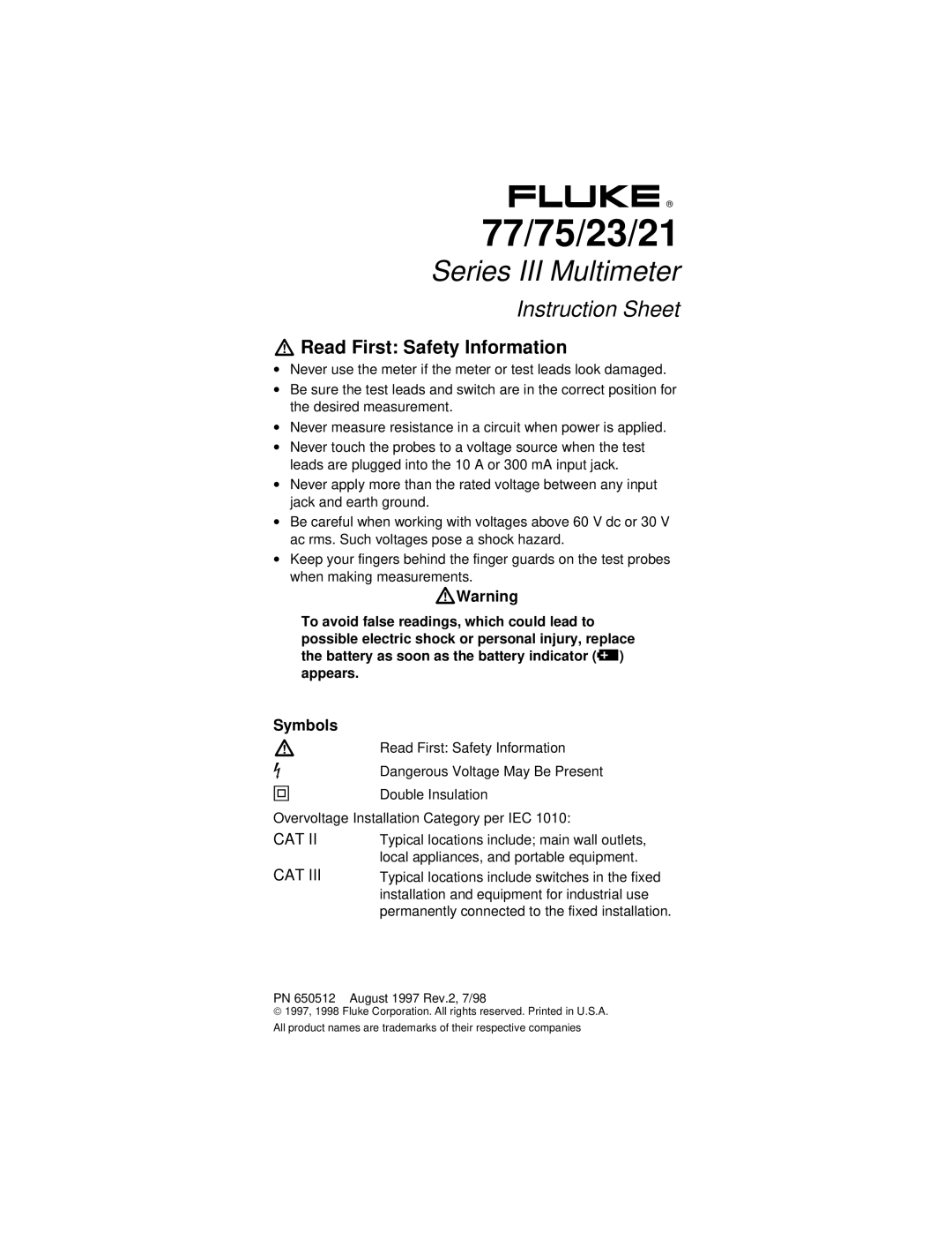 Fluke instruction sheet 77/75/23/21 