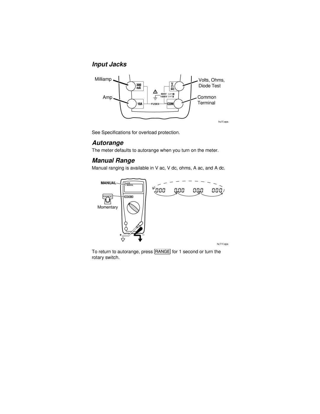 Fluke 23, 75, 21, 77 instruction sheet Input Jacks, Autorange, Manual Range 