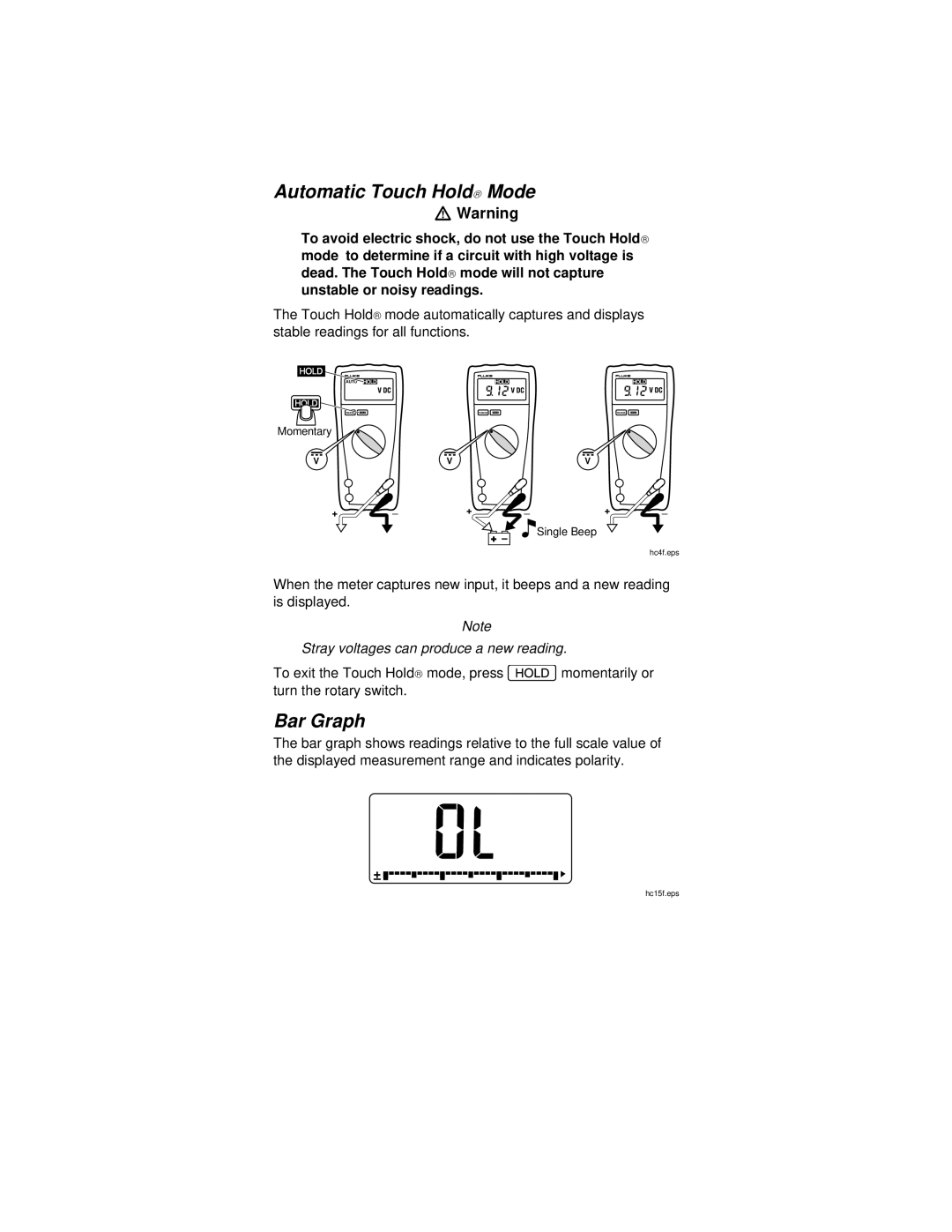 Fluke 77, 75, 21, 23 instruction sheet Automatic Touch Hold Mode, Bar Graph 