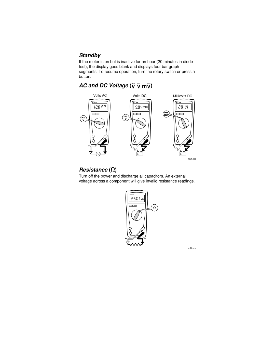 Fluke 75, 21, 23, 77 instruction sheet Standby, AC and DC Voltage K L mL, Resistance e 