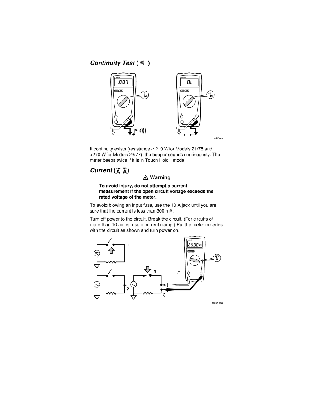 Fluke 23, 75, 21, 77 instruction sheet Continuity Test R, Current ? a 