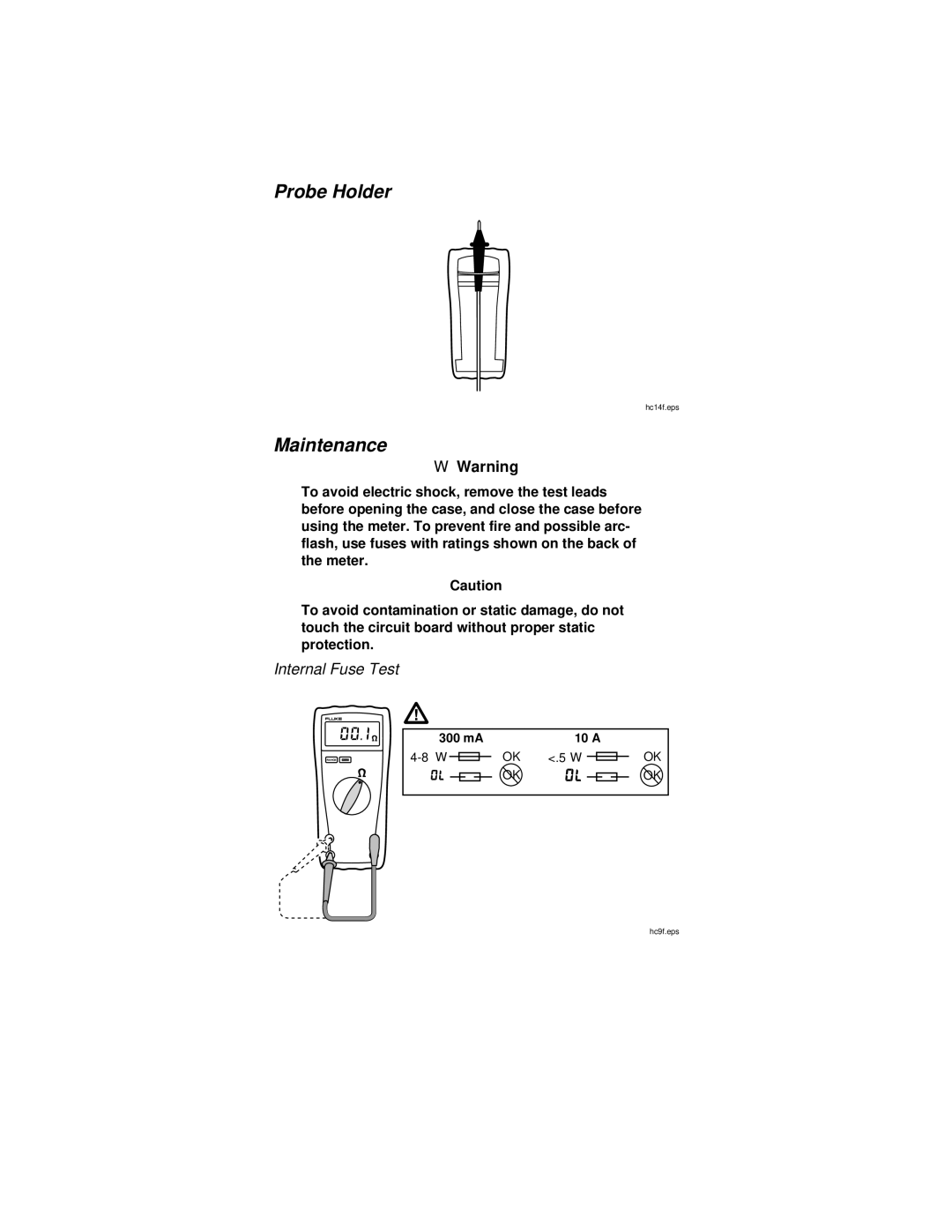 Fluke 77, 75, 21, 23 instruction sheet Probe Holder, Maintenance 