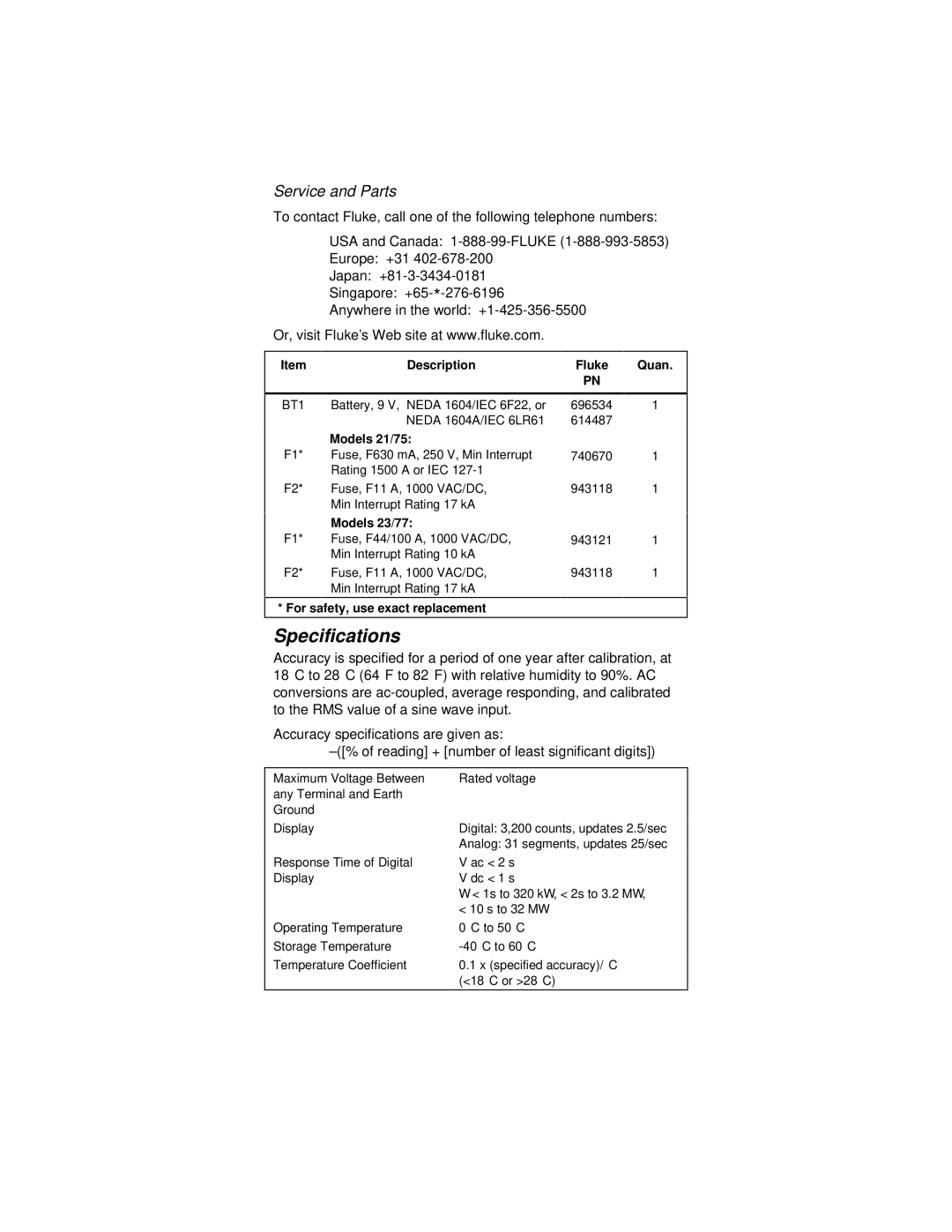 Fluke 21, 75, 23, 77 instruction sheet Specifications, Service and Parts 