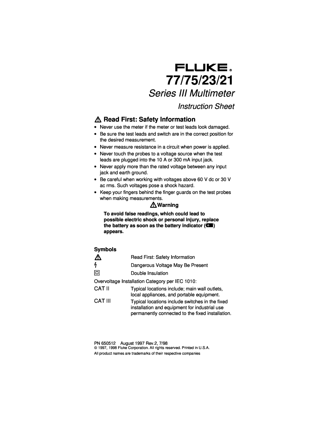 Fluke instruction sheet WWarning, Symbols, 77/75/23/21, Series III Multimeter, Instruction Sheet, W Y T, Cat Cat 