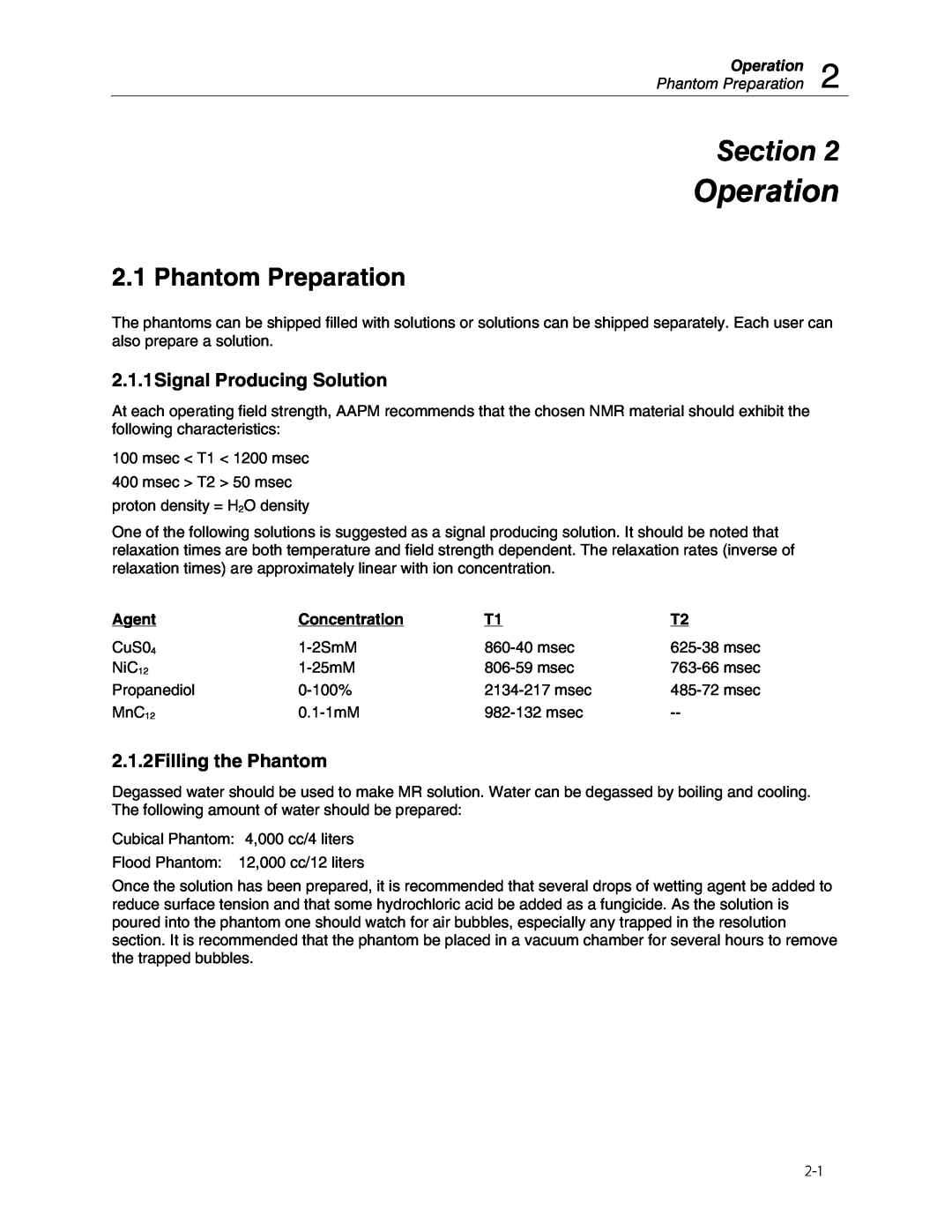 Fluke 76-907 Operation, Phantom Preparation, 2.1.1Signal Producing Solution, 2.1.2Filling the Phantom, Section, Agent 