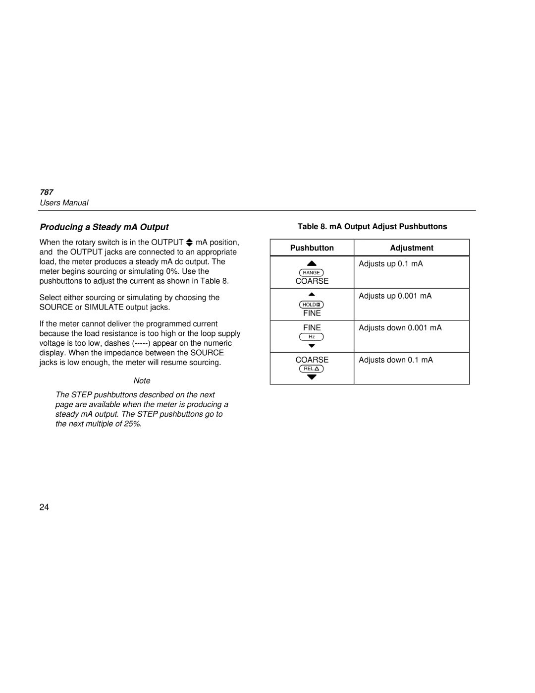 Fluke 787 user manual Producing a Steady mA Output, MA Output Adjust Pushbuttons, Adjustment 