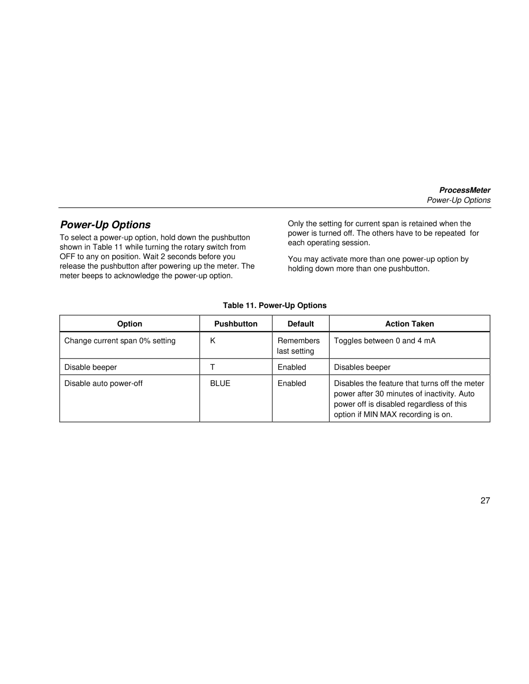 Fluke 787 user manual Power-Up Options, Pushbutton Default, Action Taken 