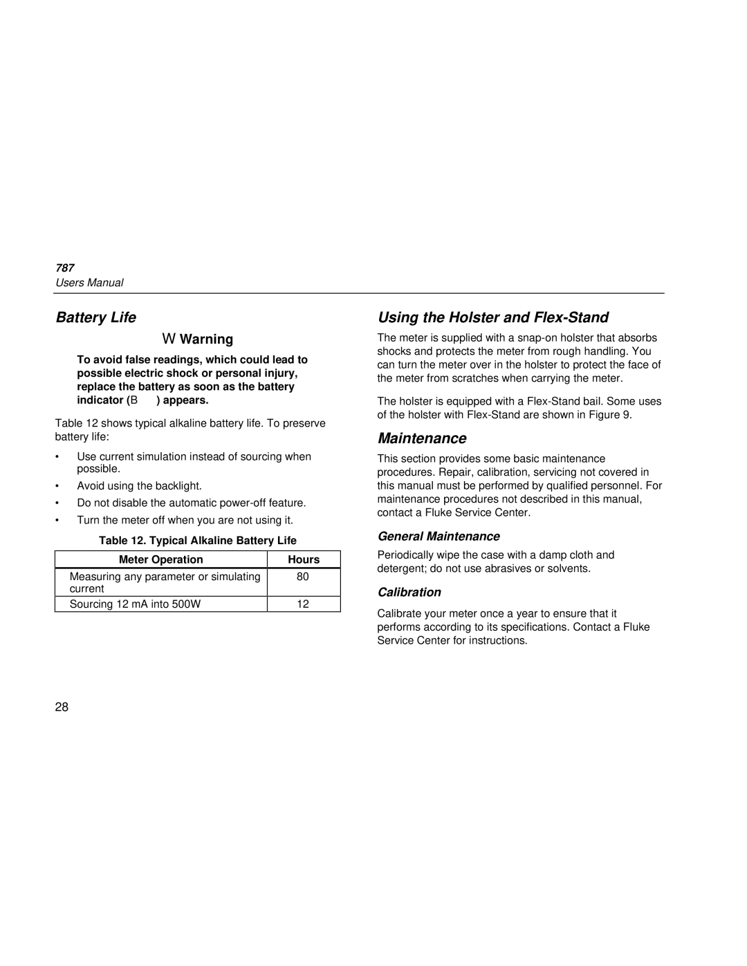 Fluke 787 user manual Battery Life, Using the Holster and Flex-Stand, General Maintenance, Calibration 