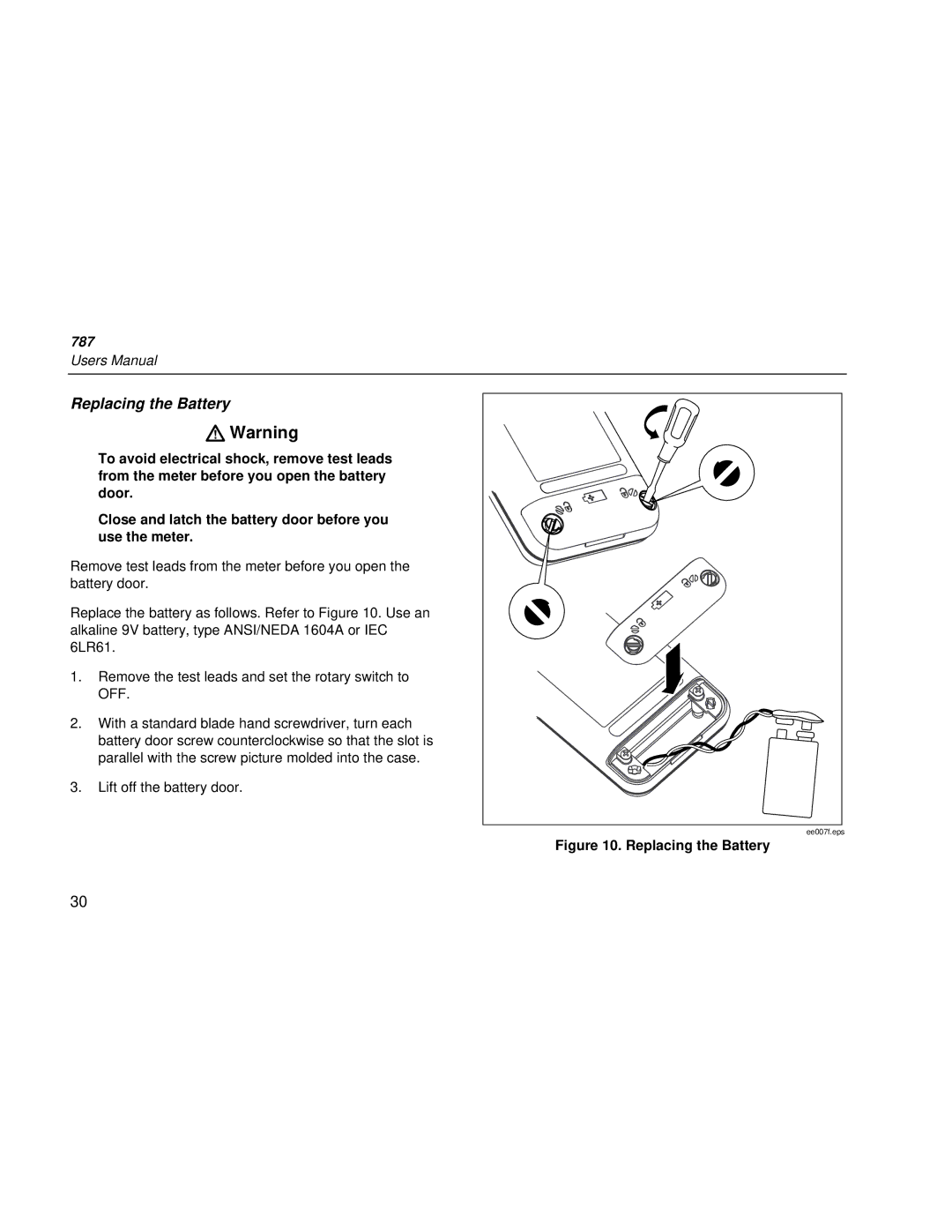 Fluke 787 user manual Replacing the Battery 