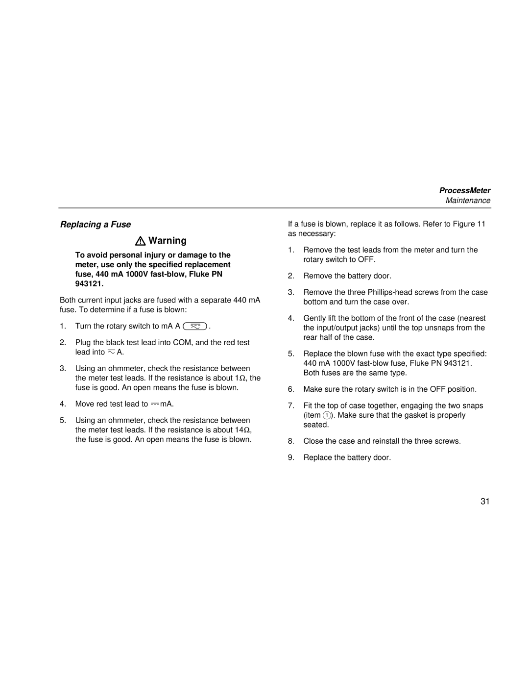 Fluke 787 user manual Replacing a Fuse 