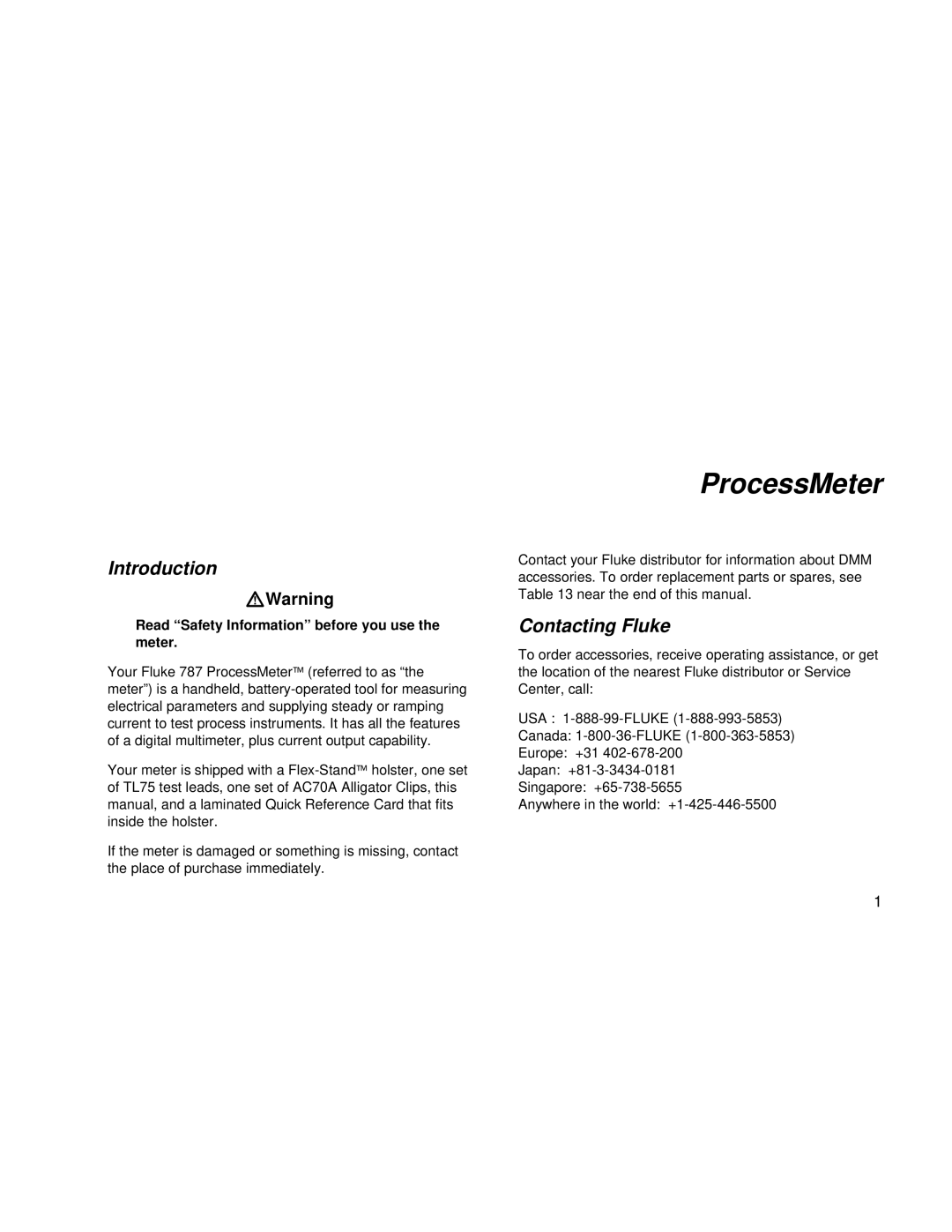 Fluke 787 user manual Introduction, Contacting Fluke, Read Safety Information before you use the meter 