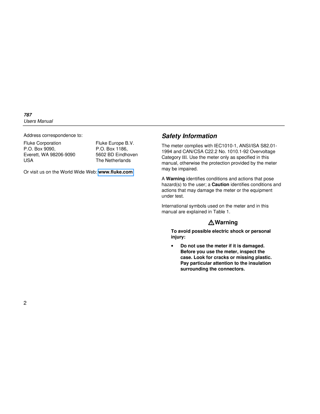 Fluke 787 user manual Safety Information 