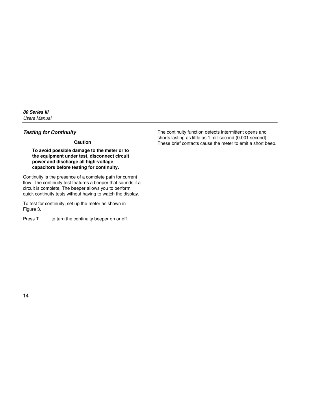 Fluke 80 Series III user manual Testing for Continuity 