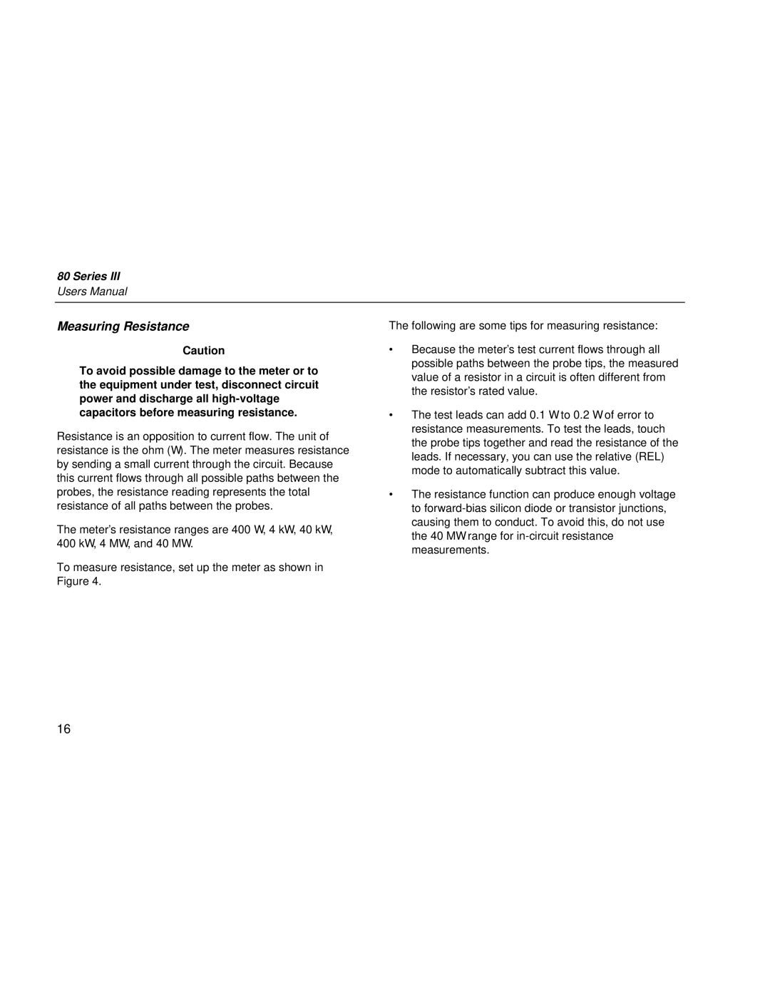 Fluke 80 Series III user manual Measuring Resistance 