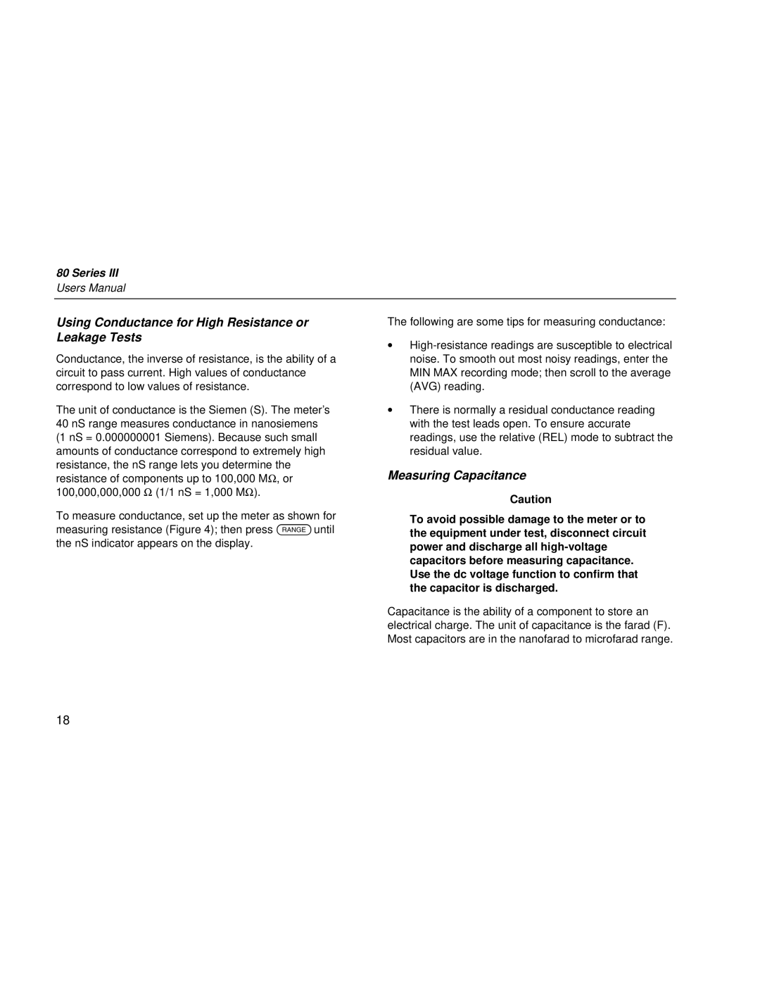 Fluke 80 Series III user manual Using Conductance for High Resistance or Leakage Tests, Measuring Capacitance 