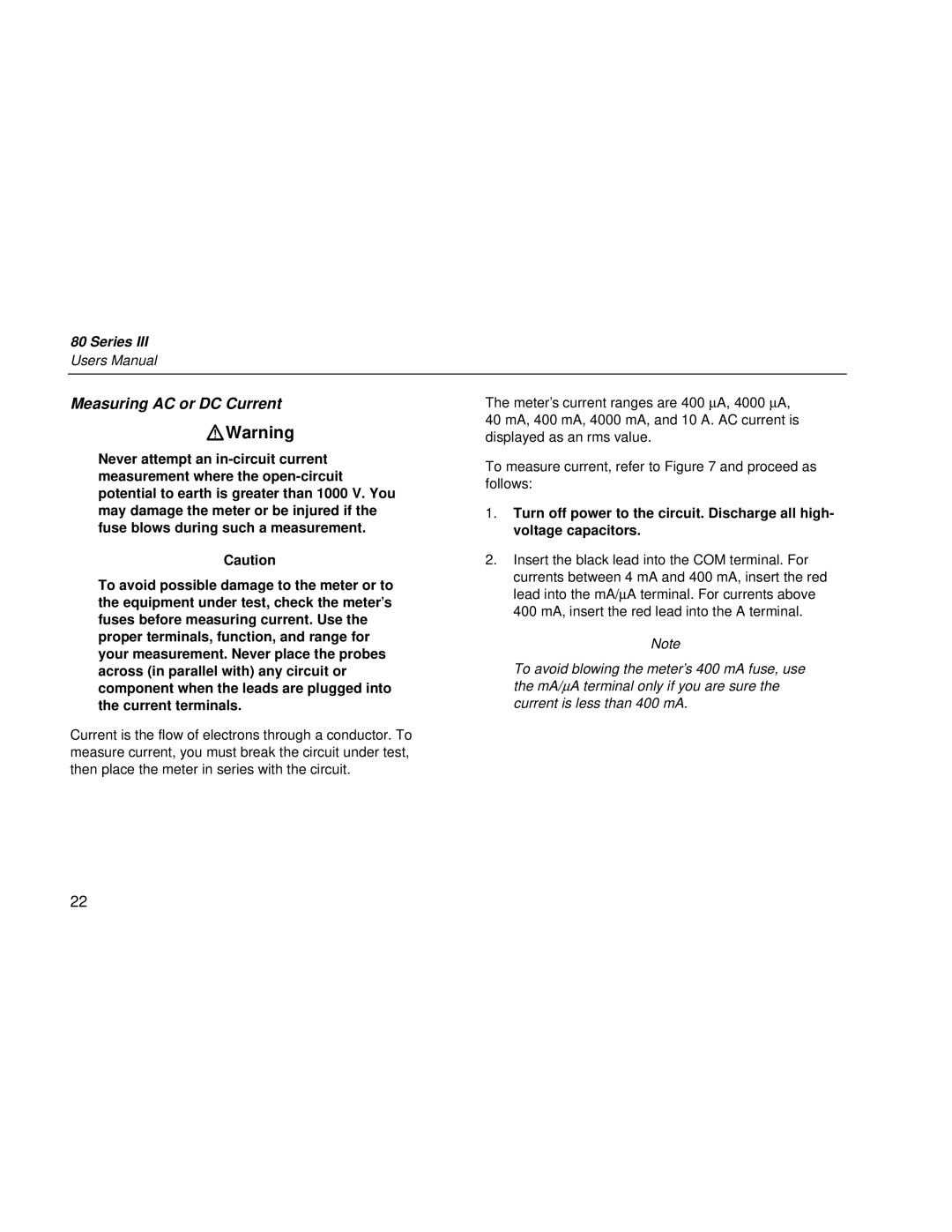 Fluke 80 Series III user manual WWarning, Measuring AC or DC Current 