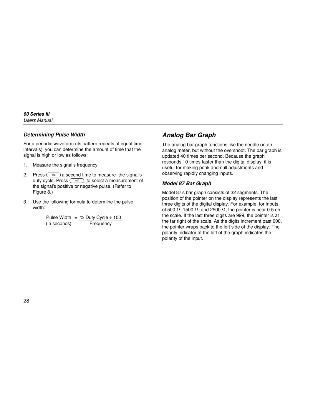 Fluke 80 Series III user manual Analog Bar Graph, Determining Pulse Width, Model 87 Bar Graph 