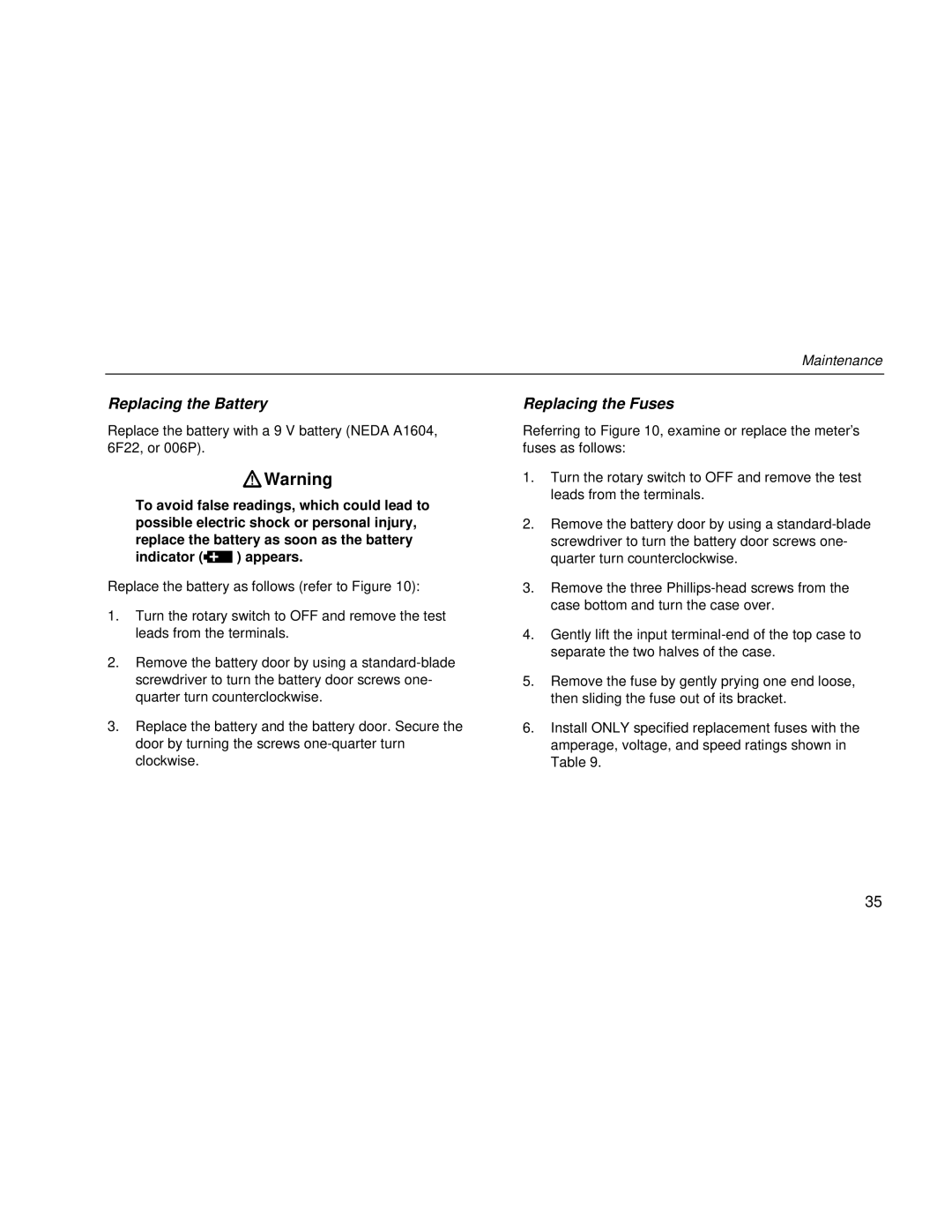 Fluke 80 Series III user manual Replacing the Battery, Replacing the Fuses 