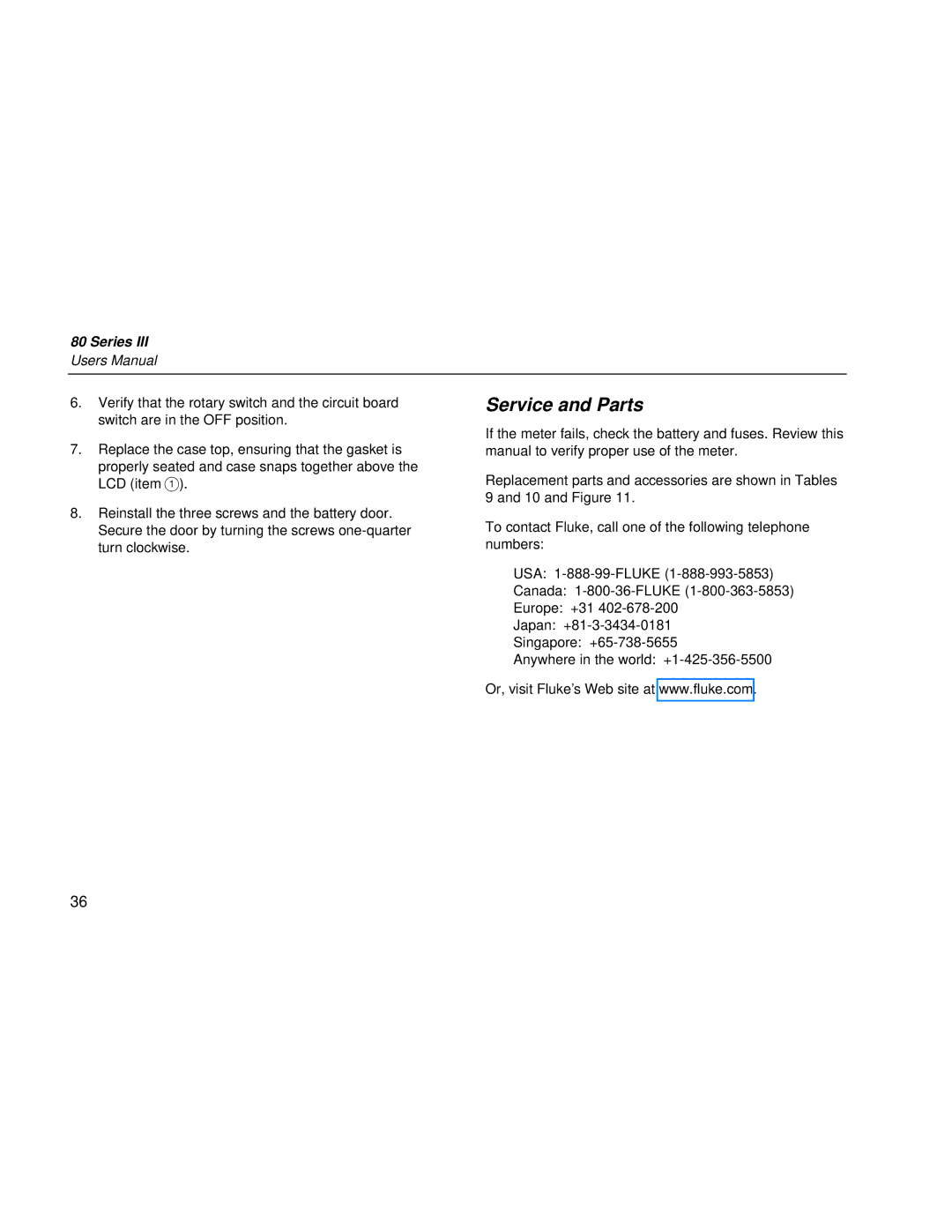 Fluke 80 Series III user manual Service and Parts 