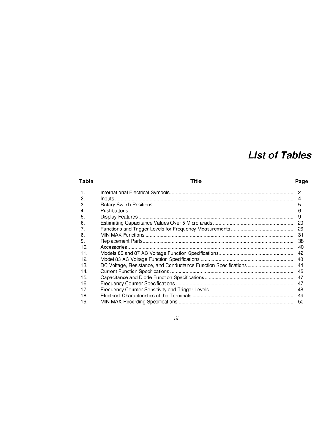 Fluke 80 Series III user manual List of Tables 