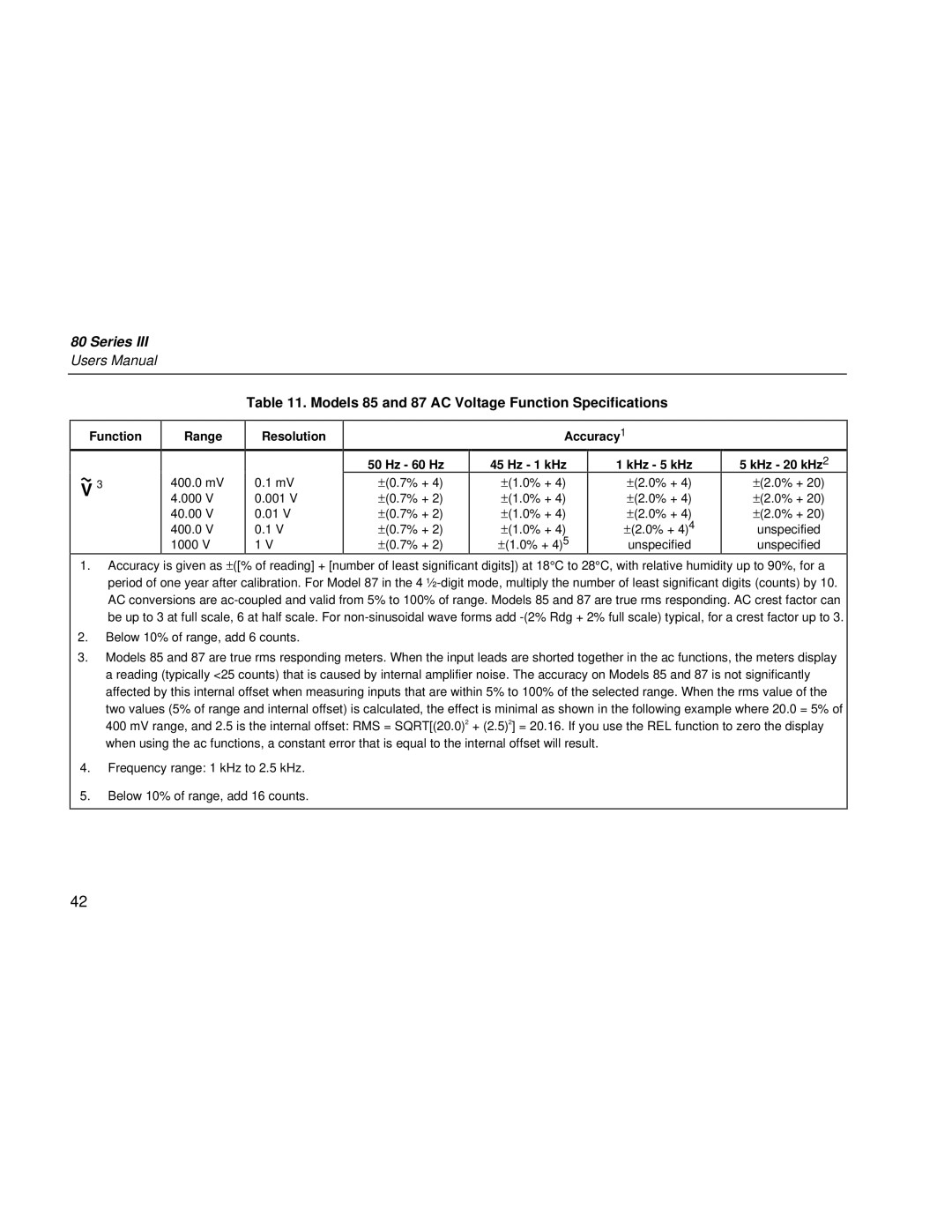Fluke 80 Series III user manual Models 85 and 87 AC Voltage Function Specifications, KHz 20 kHz2 