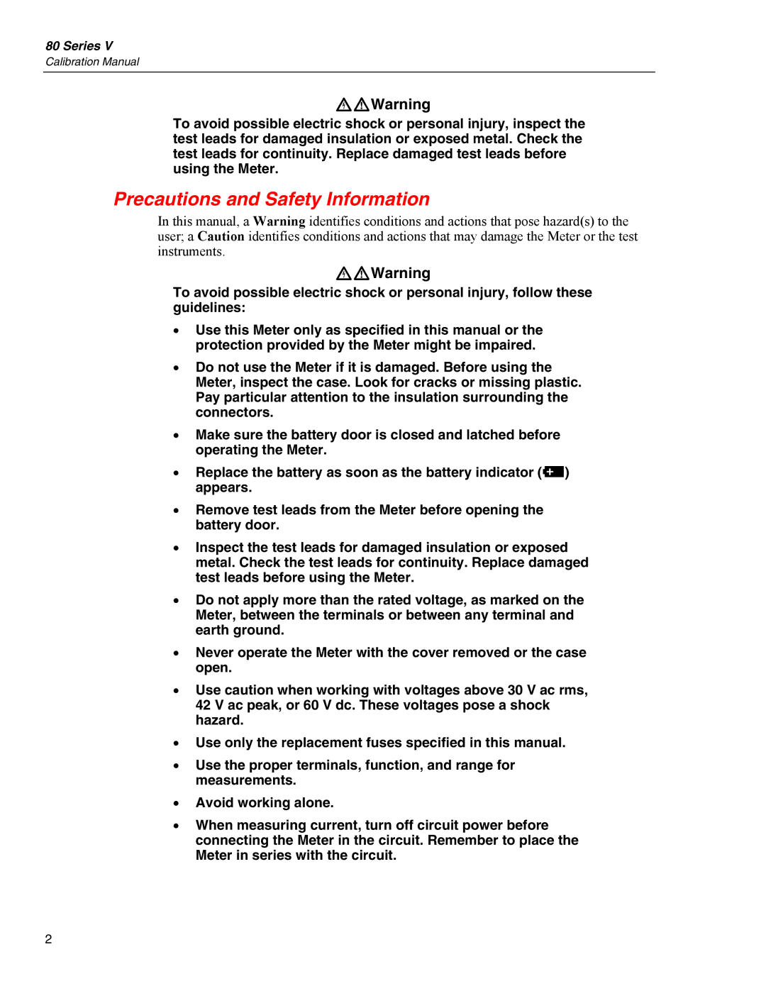 Fluke 80 Series V manual Precautions and Safety Information, XWWarning 