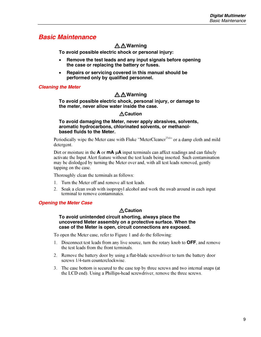 Fluke 80 Series V manual Basic Maintenance, Cleaning the Meter, Opening the Meter Case 