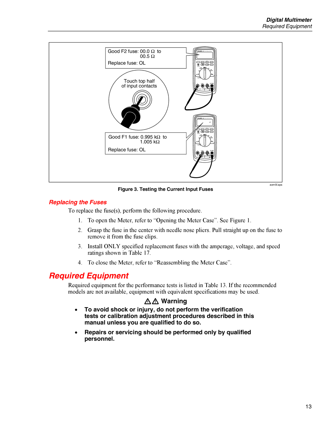 Fluke 80 Series V manual Required Equipment, Replacing the Fuses 