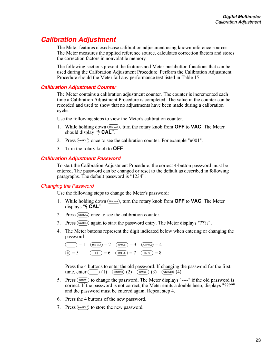 Fluke 80 Series V manual Calibration Adjustment Counter, Calibration Adjustment Password 