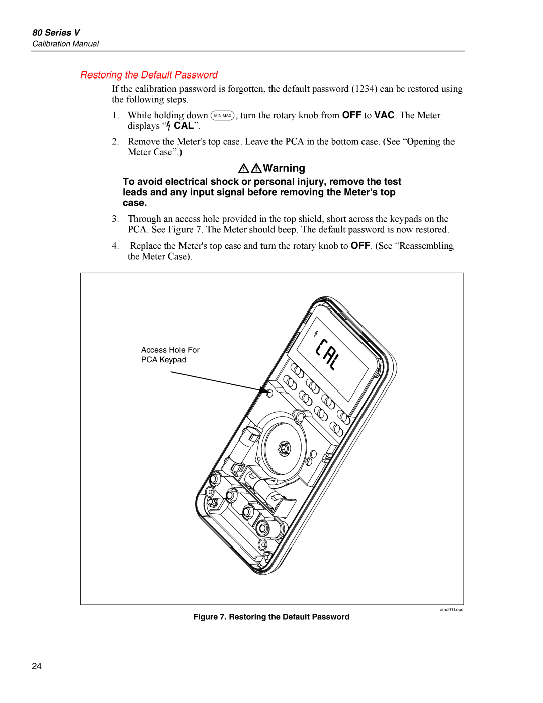 Fluke 80 Series V manual Restoring the Default Password 