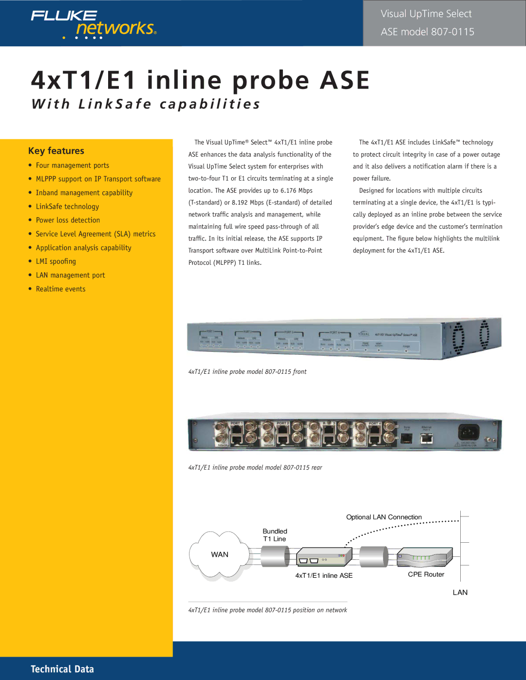 Fluke 807-0115 manual 4xT1/E1 inline probe ASE, T h L i n k S a f e c a p a b i l i t i e s 