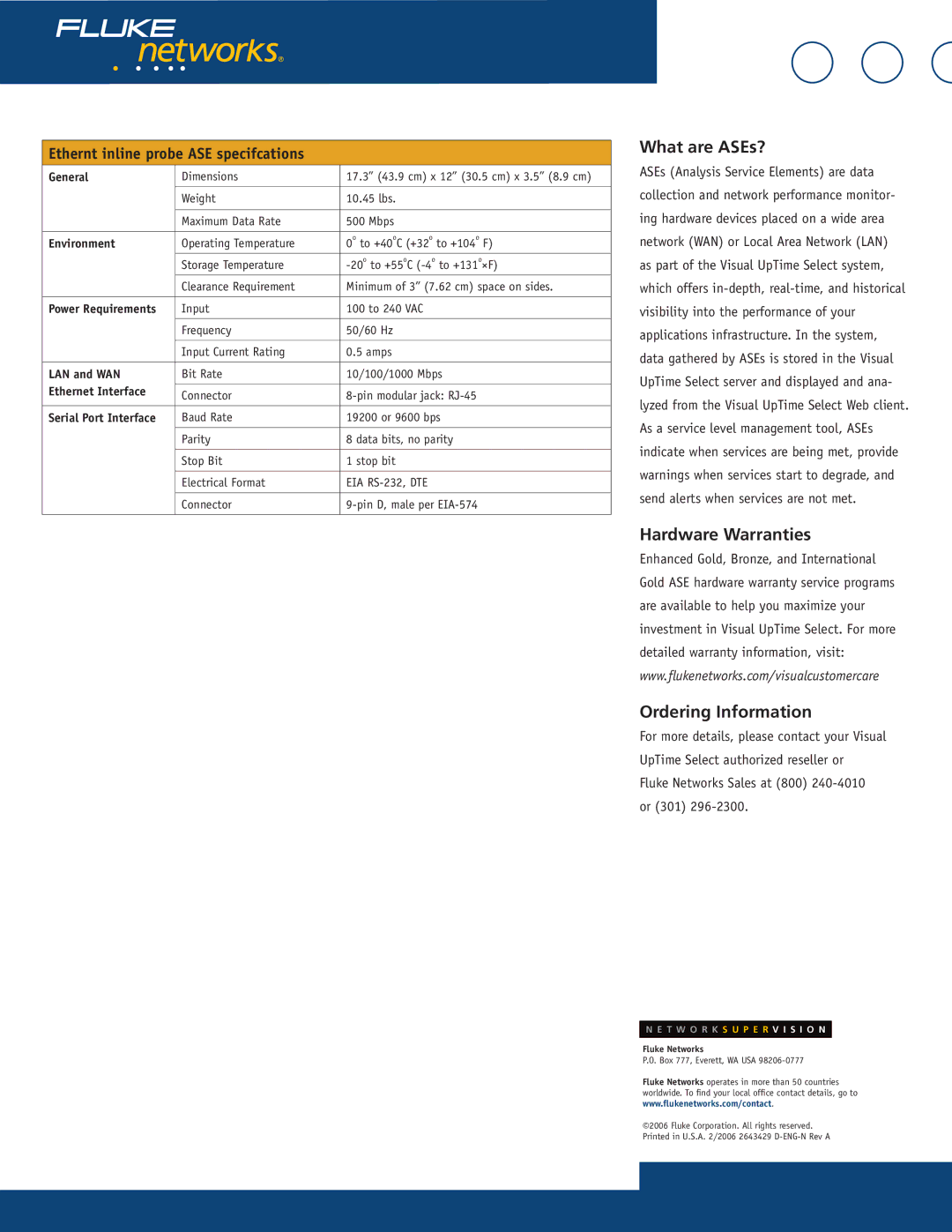 Fluke 807-0115 manual Bit Rate 10/100/1000 Mbps 