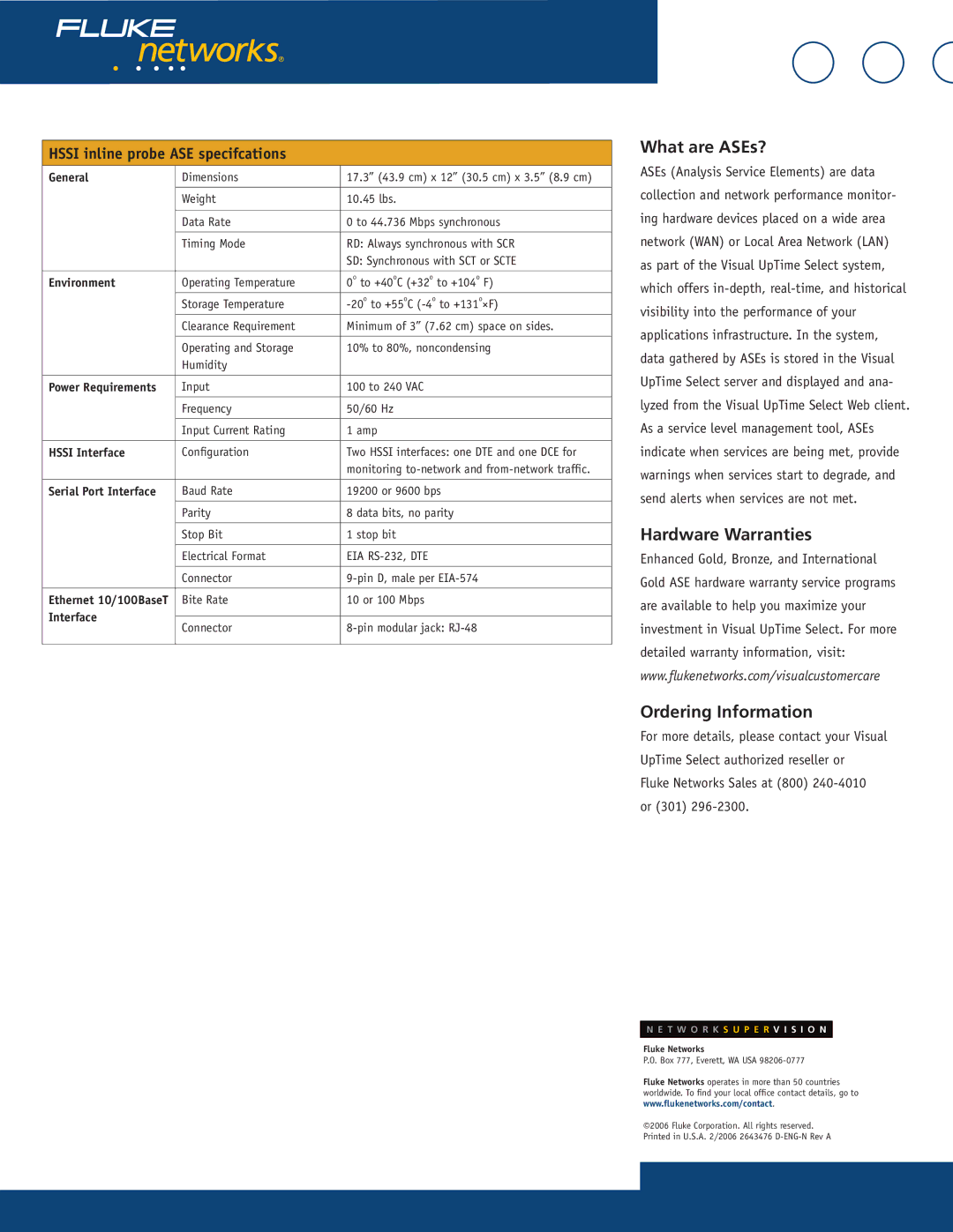 Fluke 807-0115 manual Hssi inline probe ASE specifcations, Hssi Interface, Serial Port Interface 