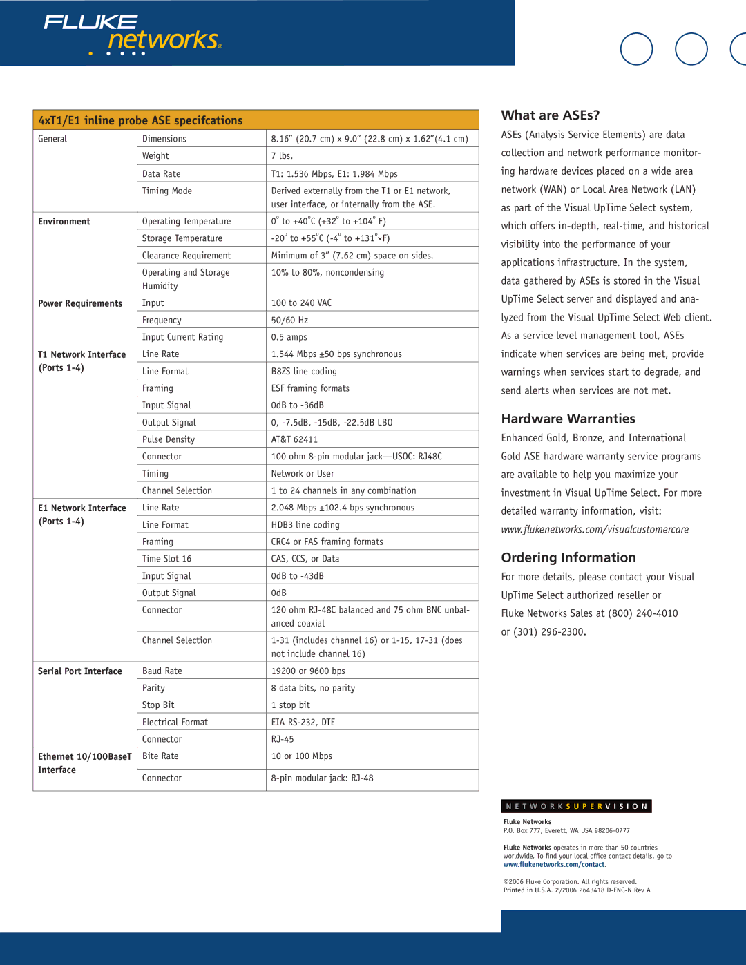 Fluke 807-0115 manual 4xT1/E1 inline probe ASE specifcations, Environment, Ports, Interface 