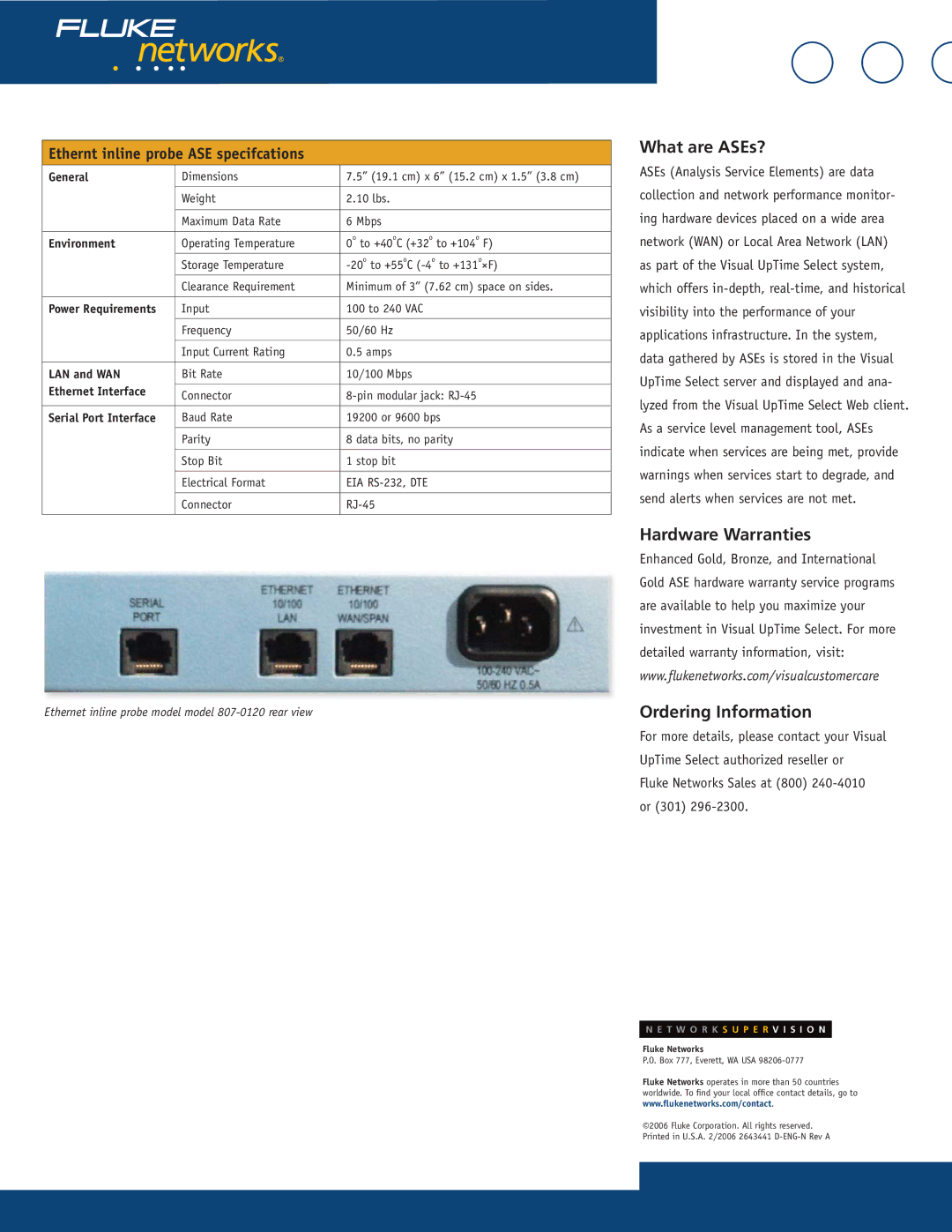 Fluke 807-0115 manual Ethernt inline probe ASE specifcations, General, LAN and WAN, Ethernet Interface 