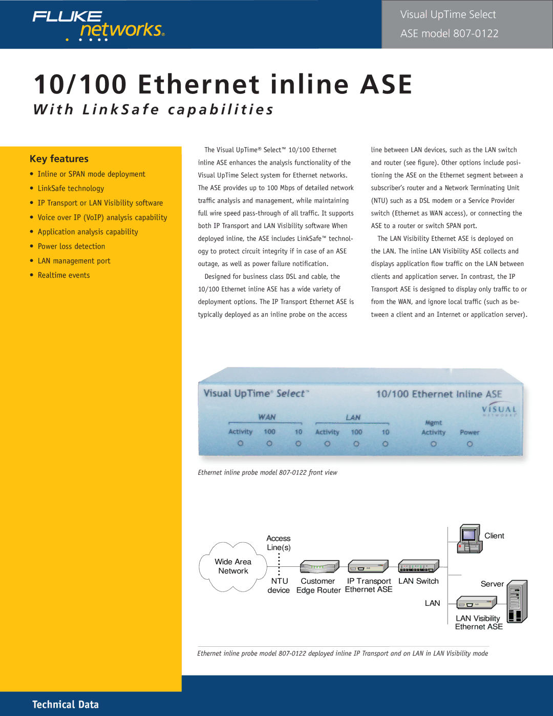 Fluke 807-0115 manual 10/100 Ethernet inline ASE, Ethernet inline probe model 807-0122 front view 