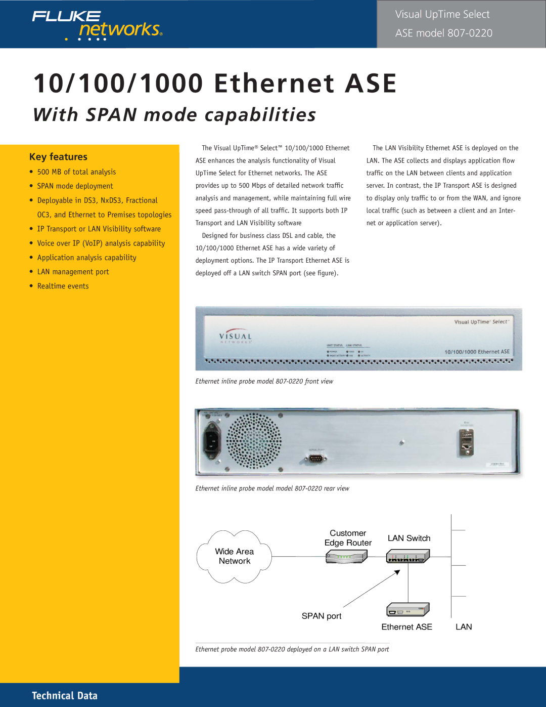 Fluke 807-0115 manual 10/100/1000 Ethernet ASE, With Span mode capabilities 