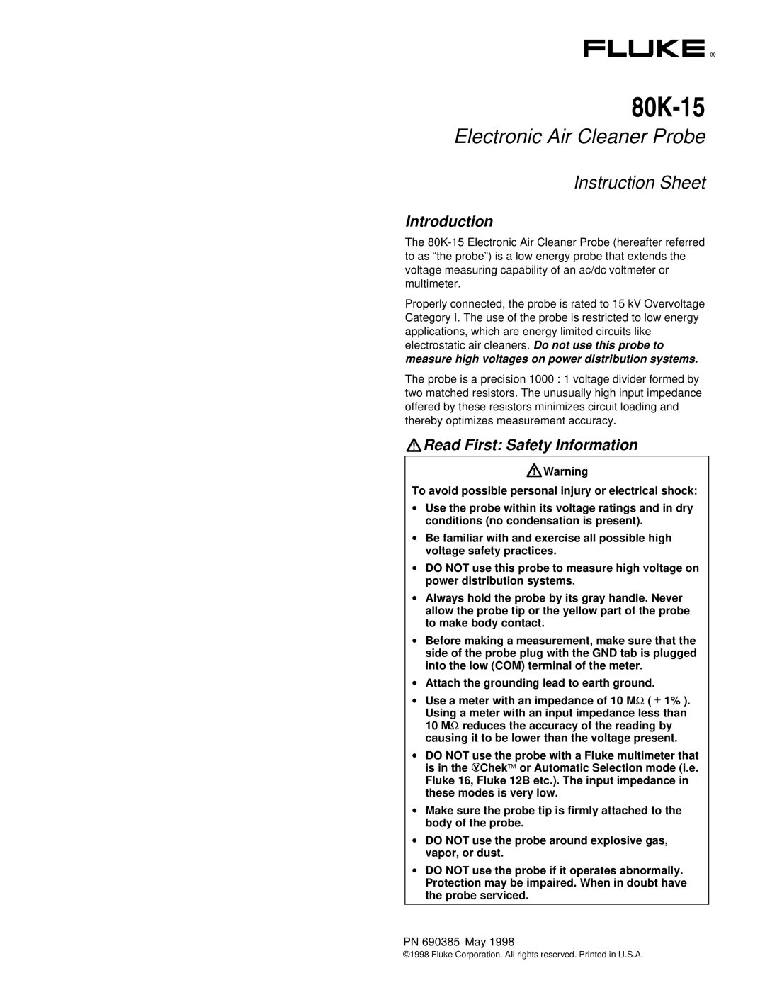 Fluke 80K-15 warranty Introduction, WRead First Safety Information 