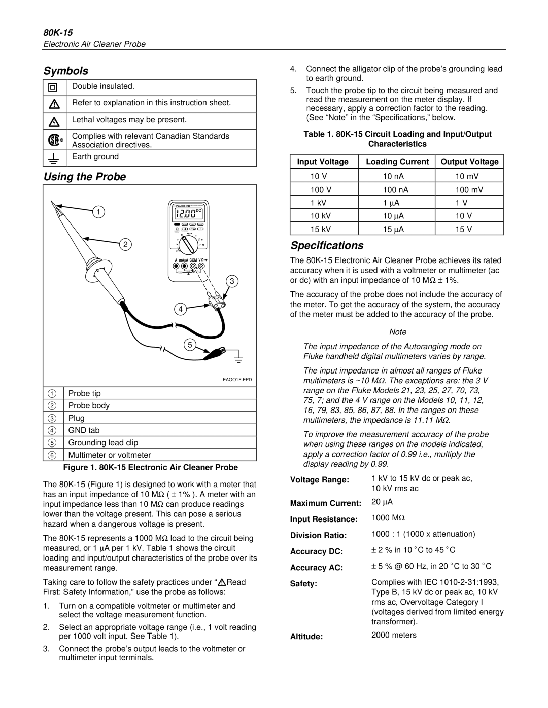 Fluke 80K-15 warranty Symbols, Using the Probe, Specifications 