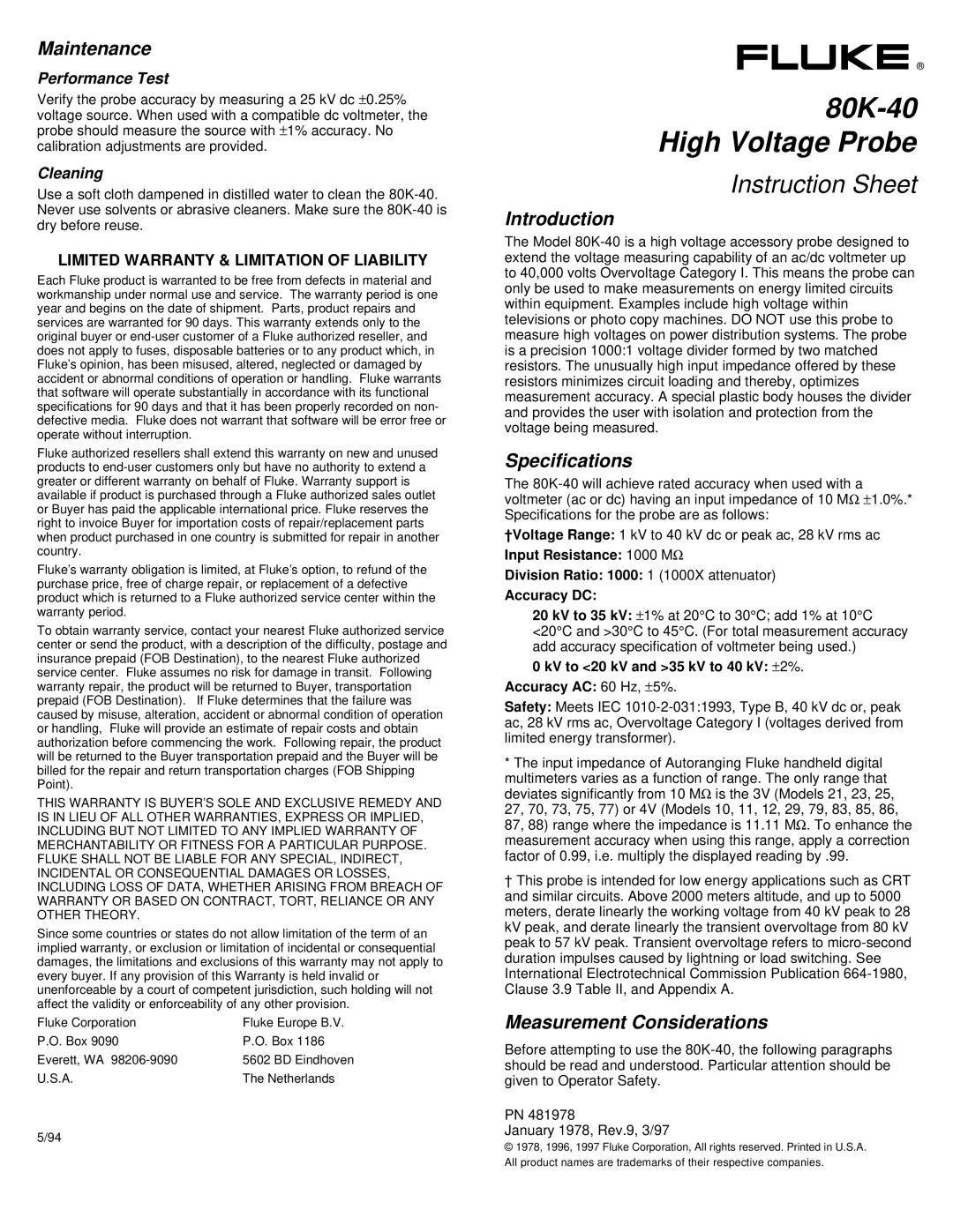 Fluke 80K-40 instruction sheet Maintenance, Introduction, Specifications, Measurement Considerations 