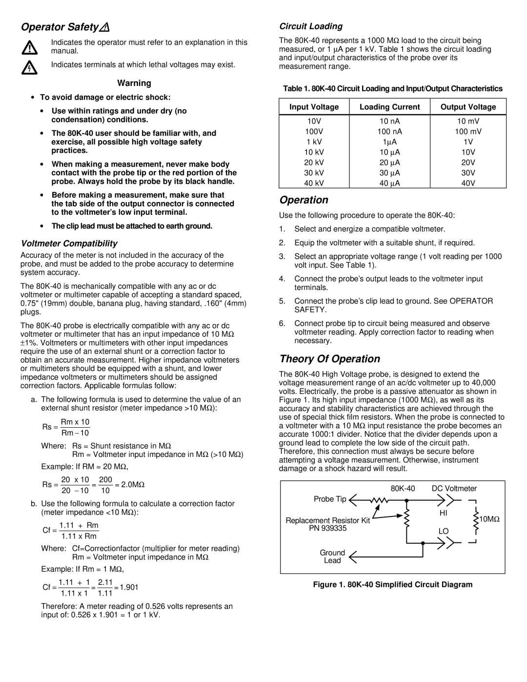 Fluke 80K-40 instruction sheet Operator SafetyW, Theory Of Operation, Circuit Loading, Voltmeter Compatibility 