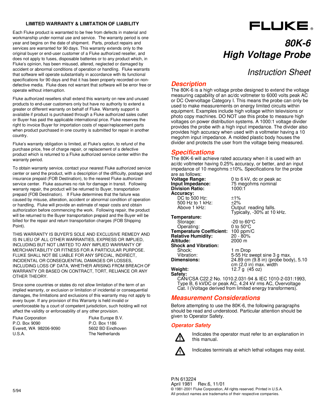 Fluke 80K-6 instruction sheet Description, Specifications, Measurement Considerations, Operator Safety 