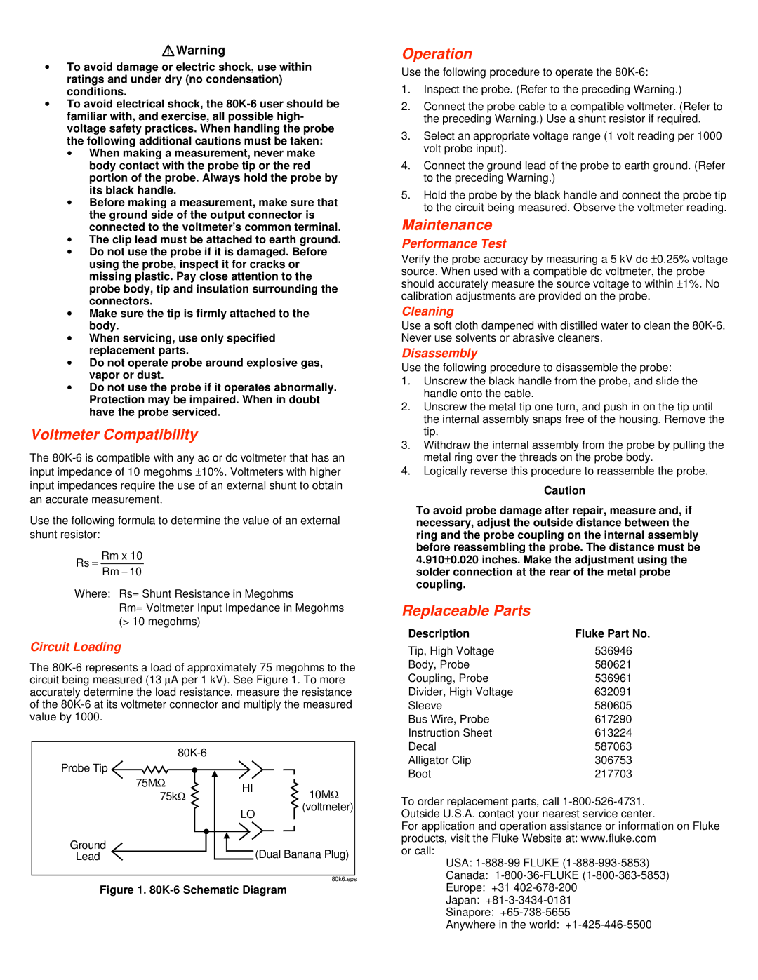 Fluke 80K-6 instruction sheet Voltmeter Compatibility, Operation, Maintenance, Replaceable Parts 