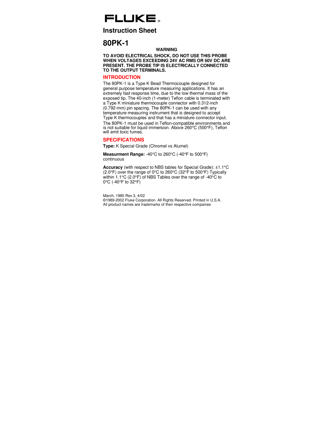 Fluke 80PK-1 instruction sheet Introduction, Specifications 