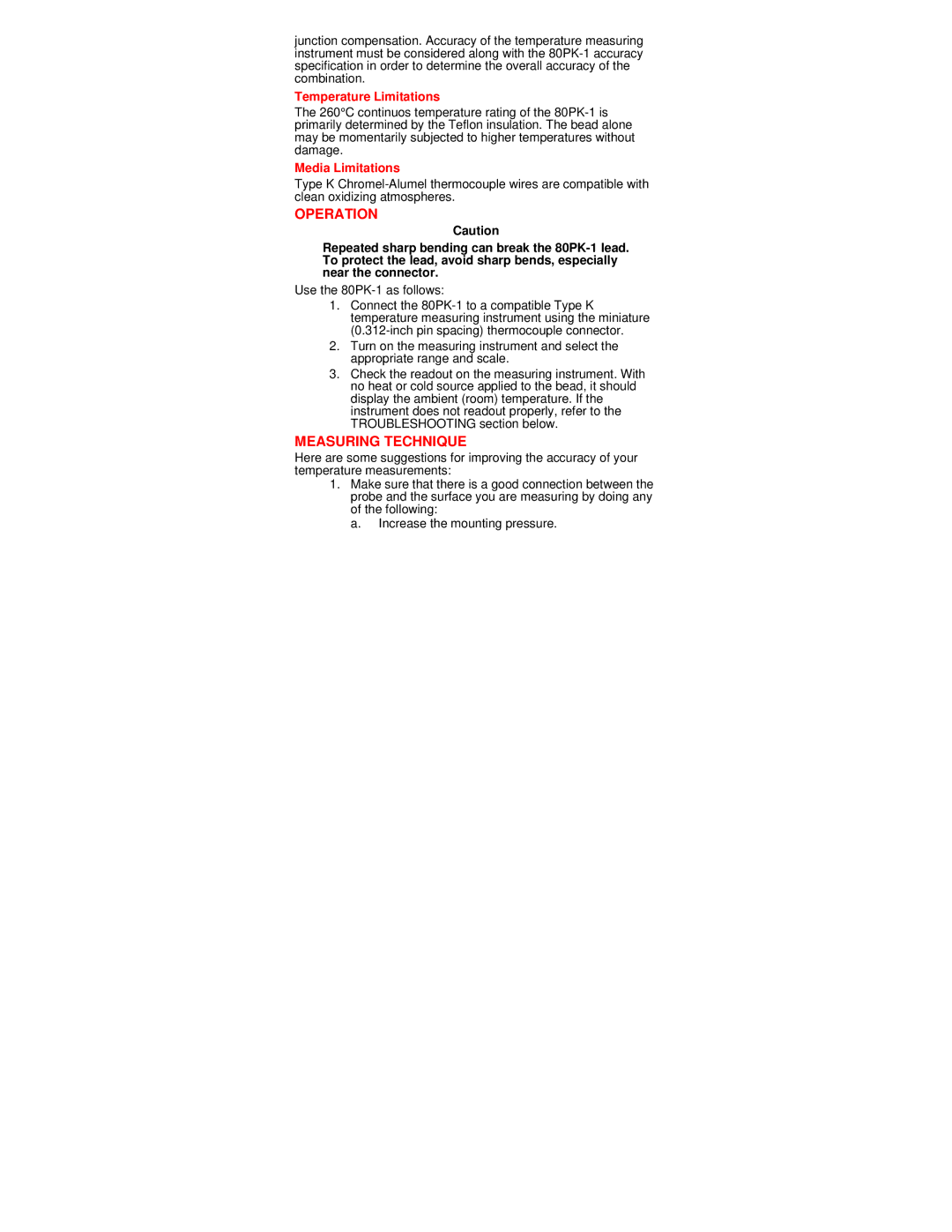 Fluke 80PK-1 instruction sheet Operation, Measuring Technique, Temperature Limitations, Media Limitations 