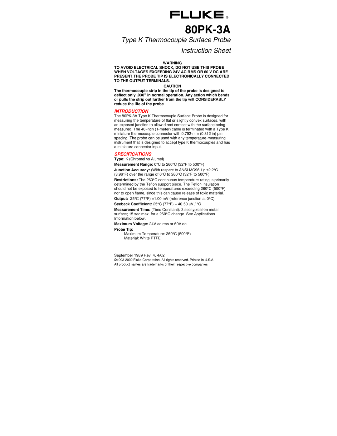 Fluke 80PK-3A specifications Introduction, Specifications 