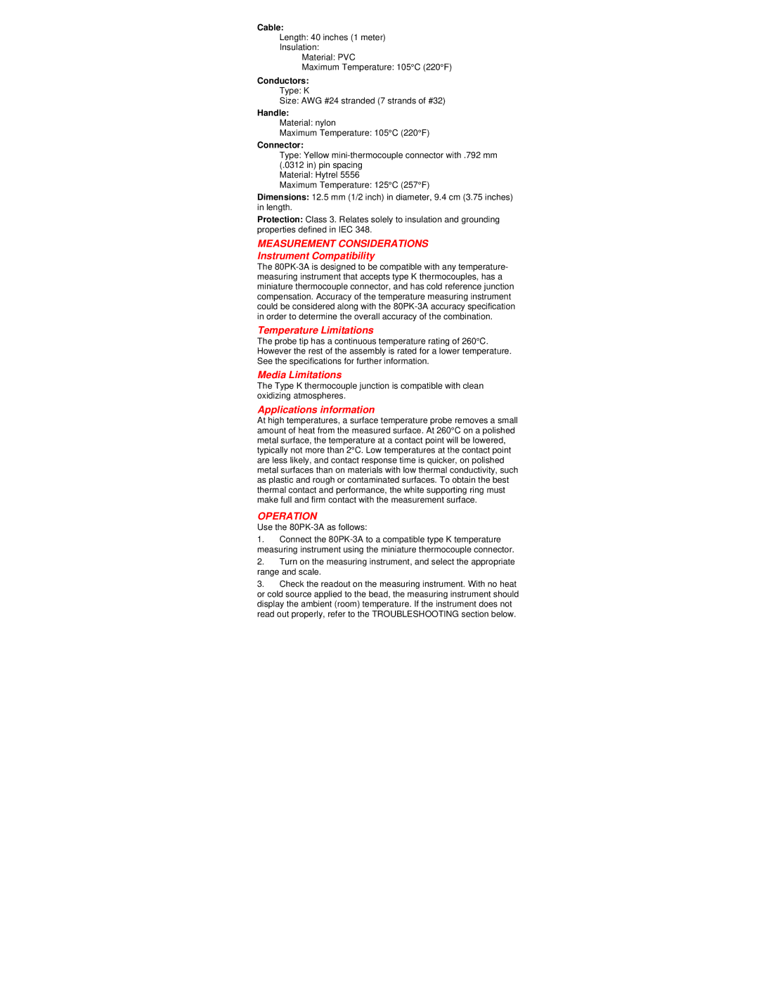 Fluke 80PK-3A specifications Measurement Considerations, Operation 