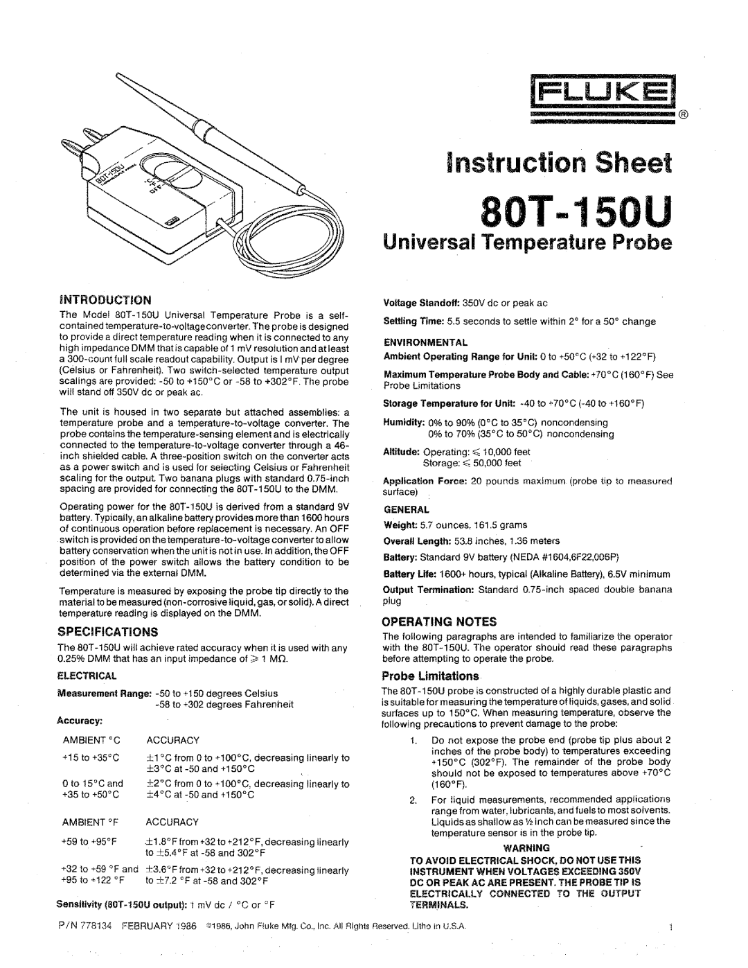 Fluke warranty 80T-150U-7001K Probe Kit, Installation and Calibration Instructions for the 80T-150U 