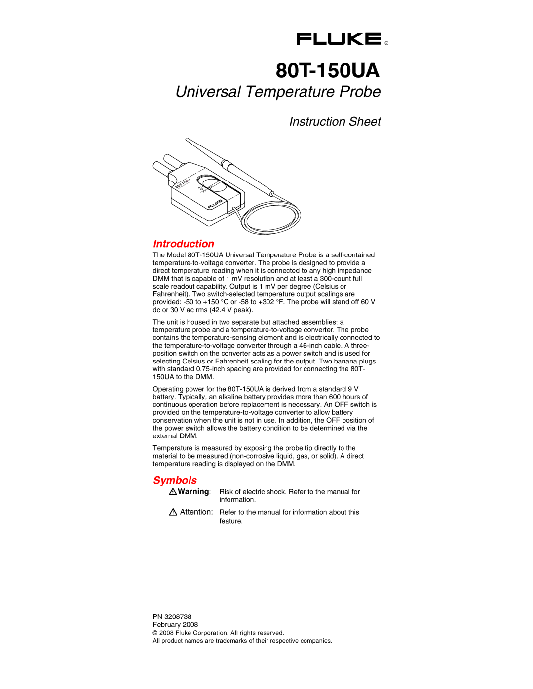 Fluke 80T-150UA instruction sheet Introduction, Symbols 